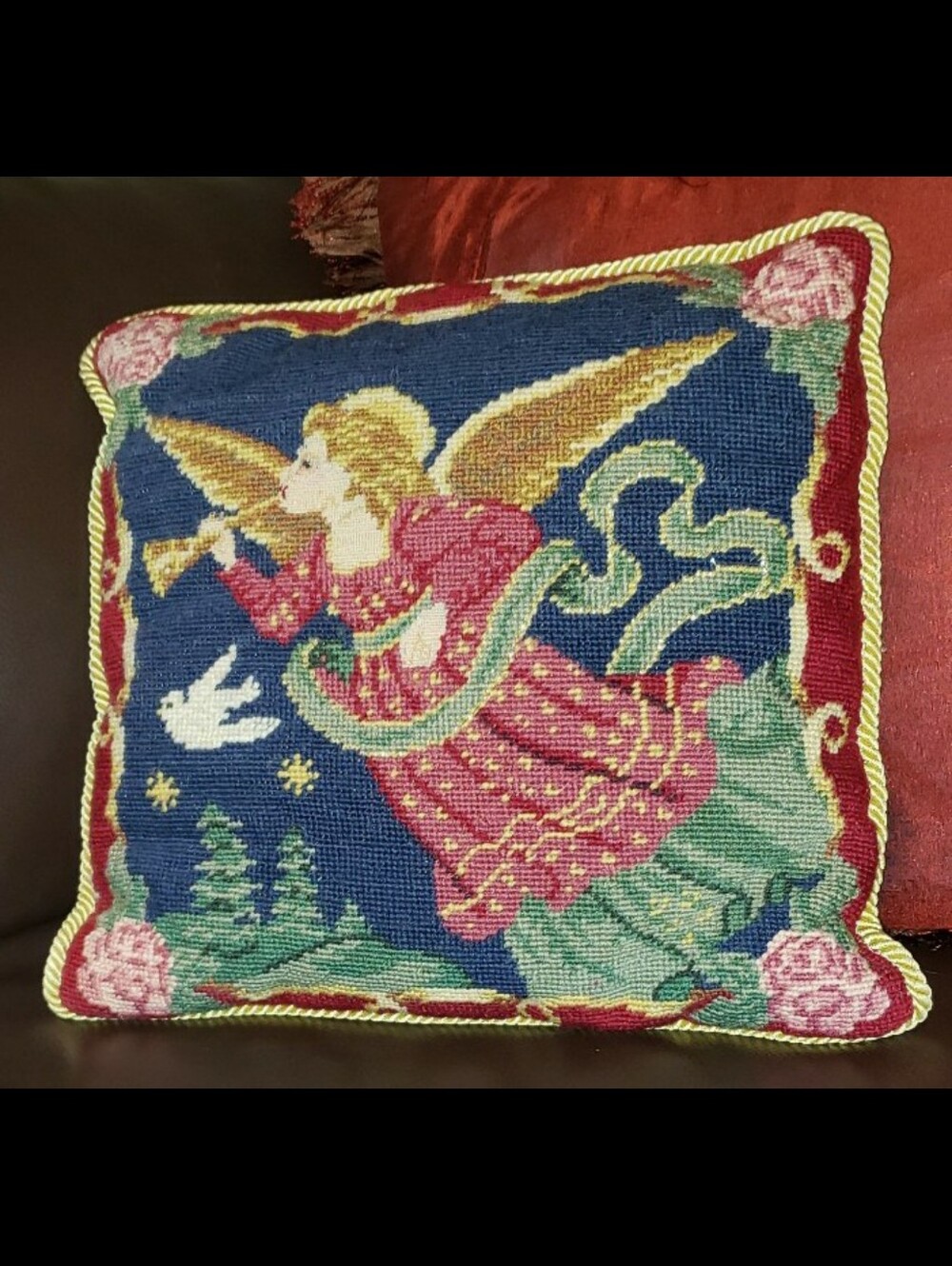 Vintage Christmas Angel Wool Needlepoint Pillow
